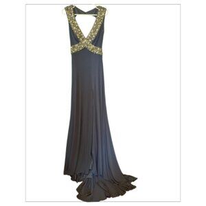 Gently Worn Jovani Dark Grey Beaded Formal Gown, Size 8 (BB01)